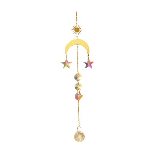 Suncatcher, Golden Moon with Hanging Star Prism, 3 Prisms on Chain and Globe Prism on End
