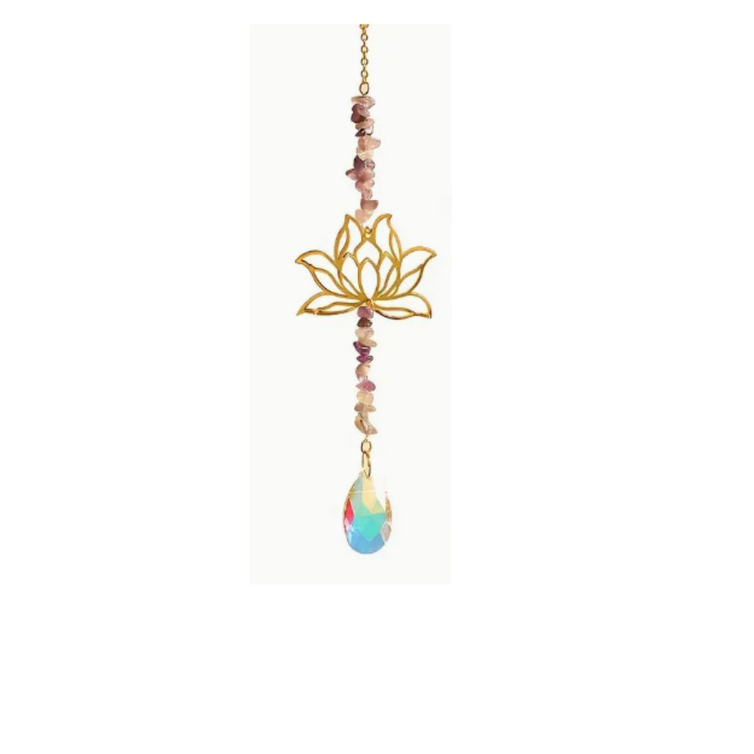 Suncatcher, Golden Colour Metal Lotus, Amthyst Strands and Large Prism at Bottom