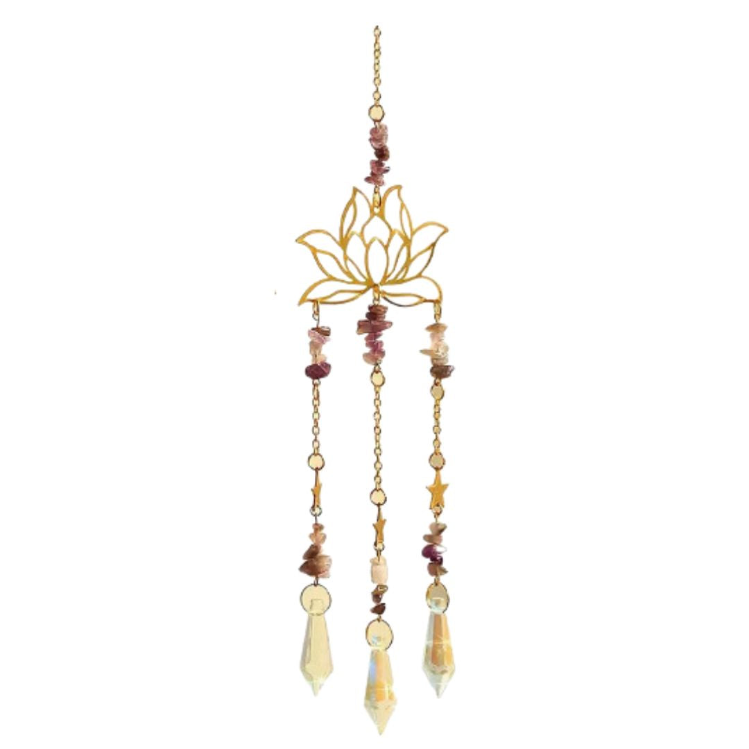 Suncatcher, Large Golden Lotus, Amethyst Strands and 3 Hanging Prisms