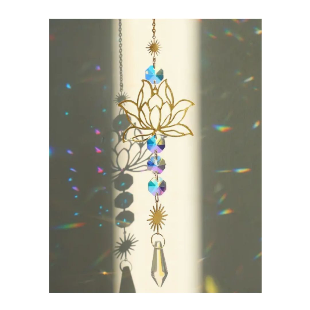 Suncatcher, Golden coloured metal and suns, 4 octagonal prisms with one hanging prism at end
