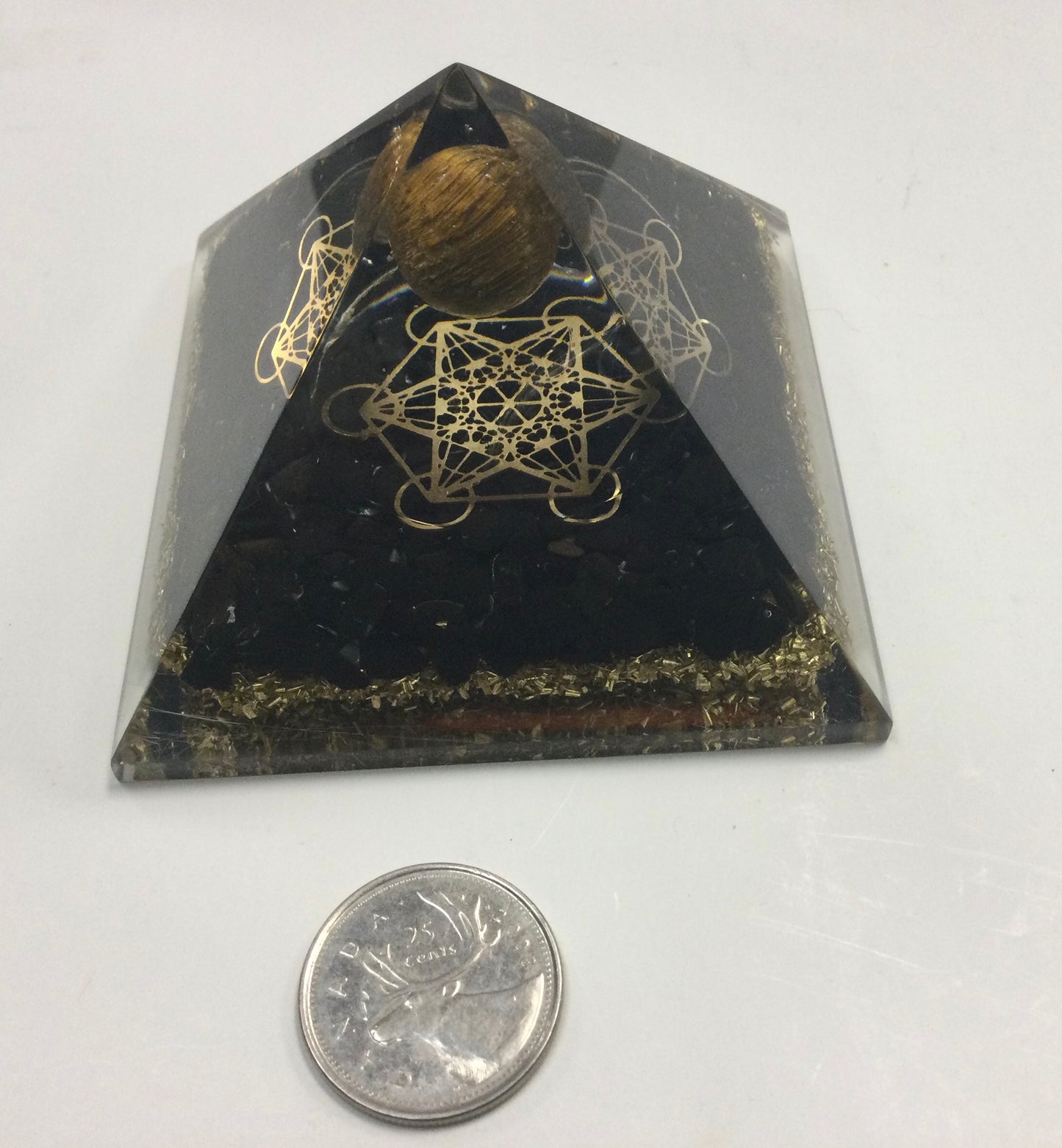 Orgonite Tourmaline Pyramid with Metratron’s Cube & Tiger’s Eye Sphere
