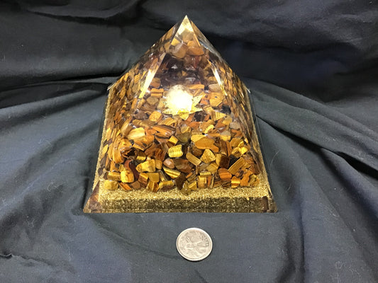 Large 5.5” Orgonite Pyramid (Tiger’s Eye & Crystal Sphere)