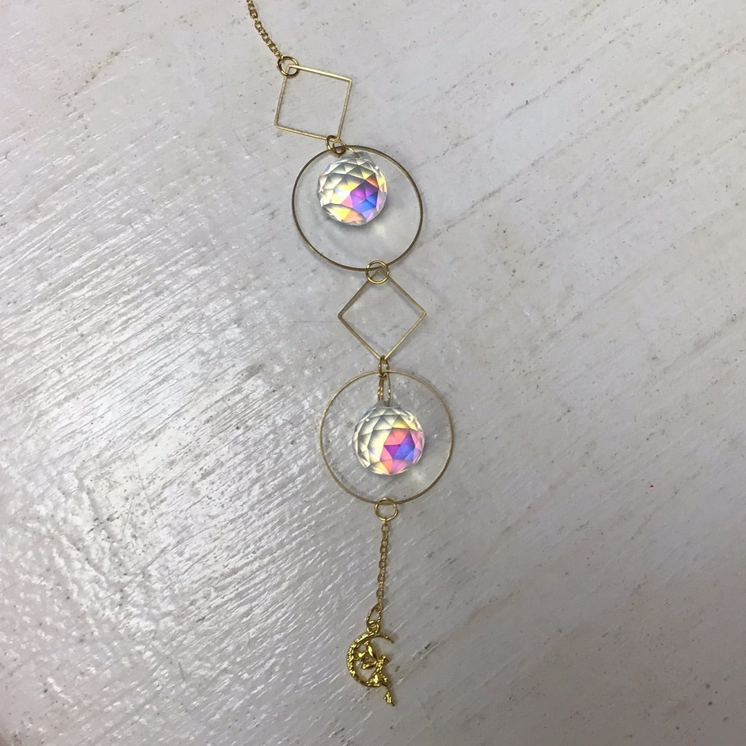 Suncatcher, Golden, Two Sphere Prisms Within Circles, Fairy at Bottom