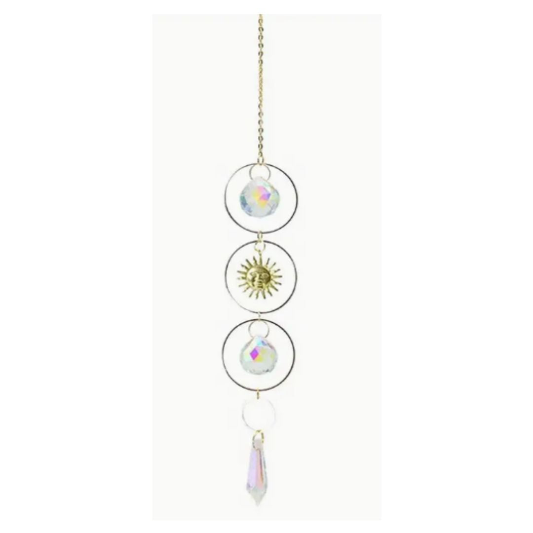 Suncatcher, Two Sphere Crystals, Golden Metal Sun, Faceted Point