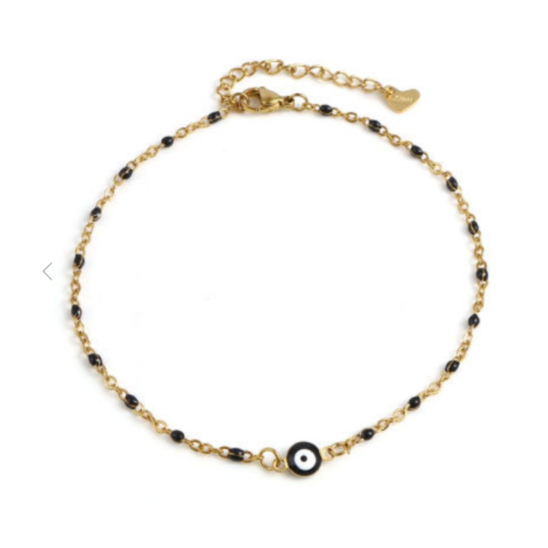 Gold Plated Anklet, Evil Eye Black