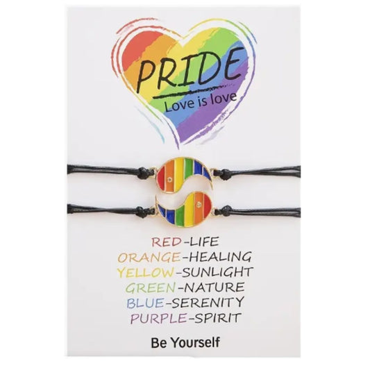 Pride Bracelet, Coloured Metal Rainbow on Black Cord, Set of 2