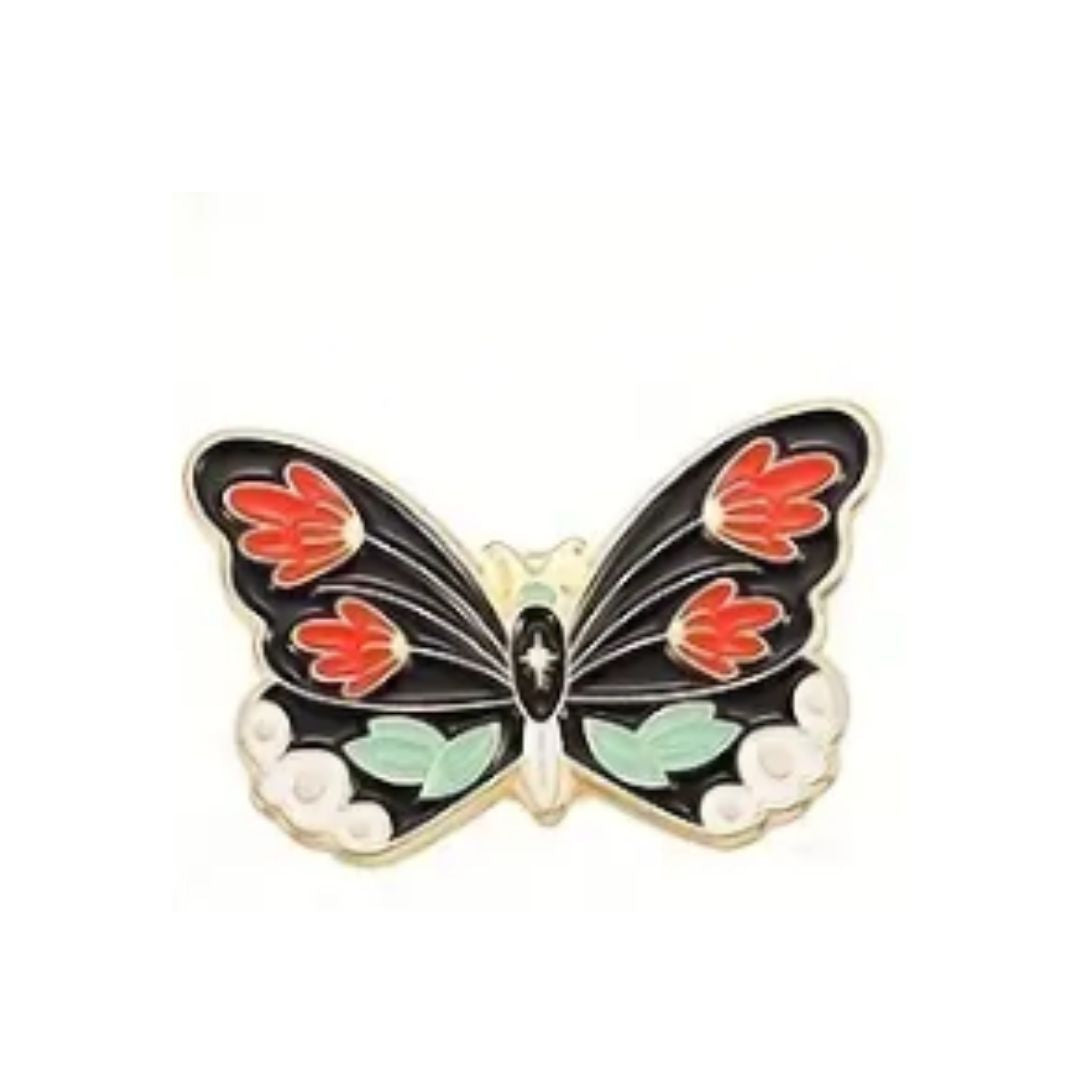 Butterfly Pin, Black Background/Green Leaves/Red Flowers