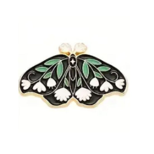 Butterfly Pin Black with Green Leaves/White Flower