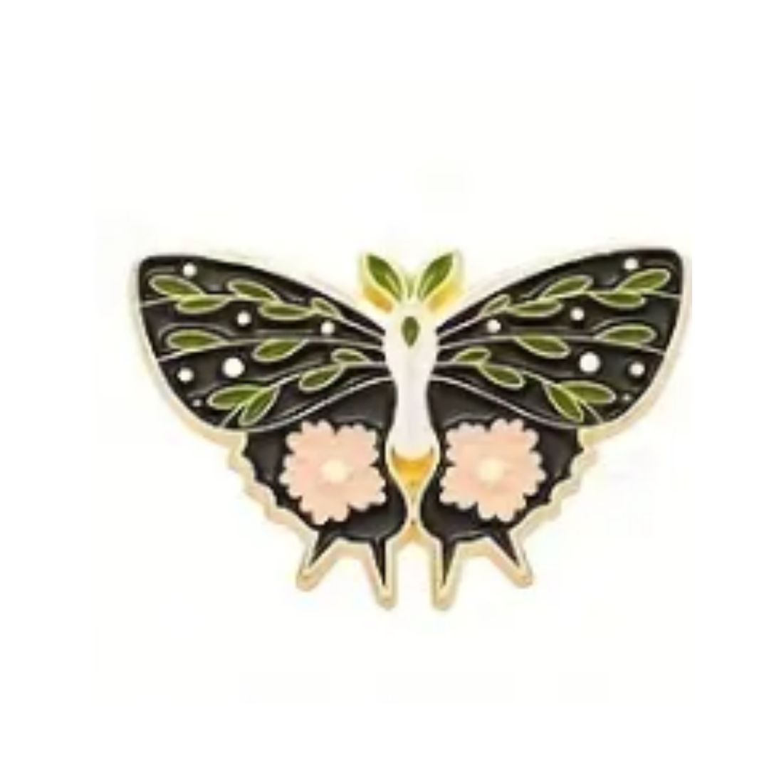 Pin, Butterfly Black with Green Leaves/Pink Flowers
