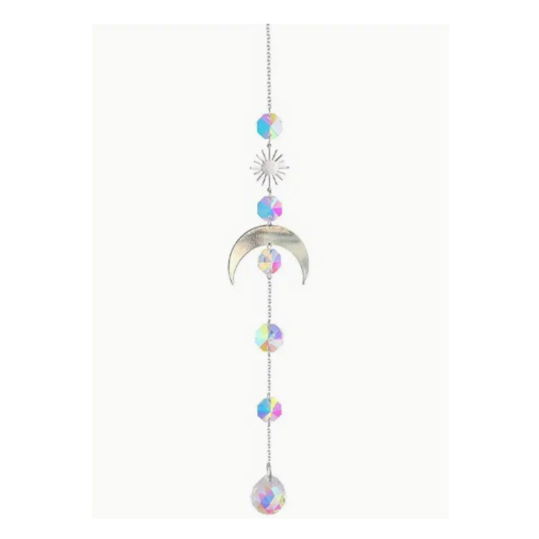 Suncatcher, Silvery Metal Moon and Sun with 5 Octagonal Prisms and Large Hanging Prism