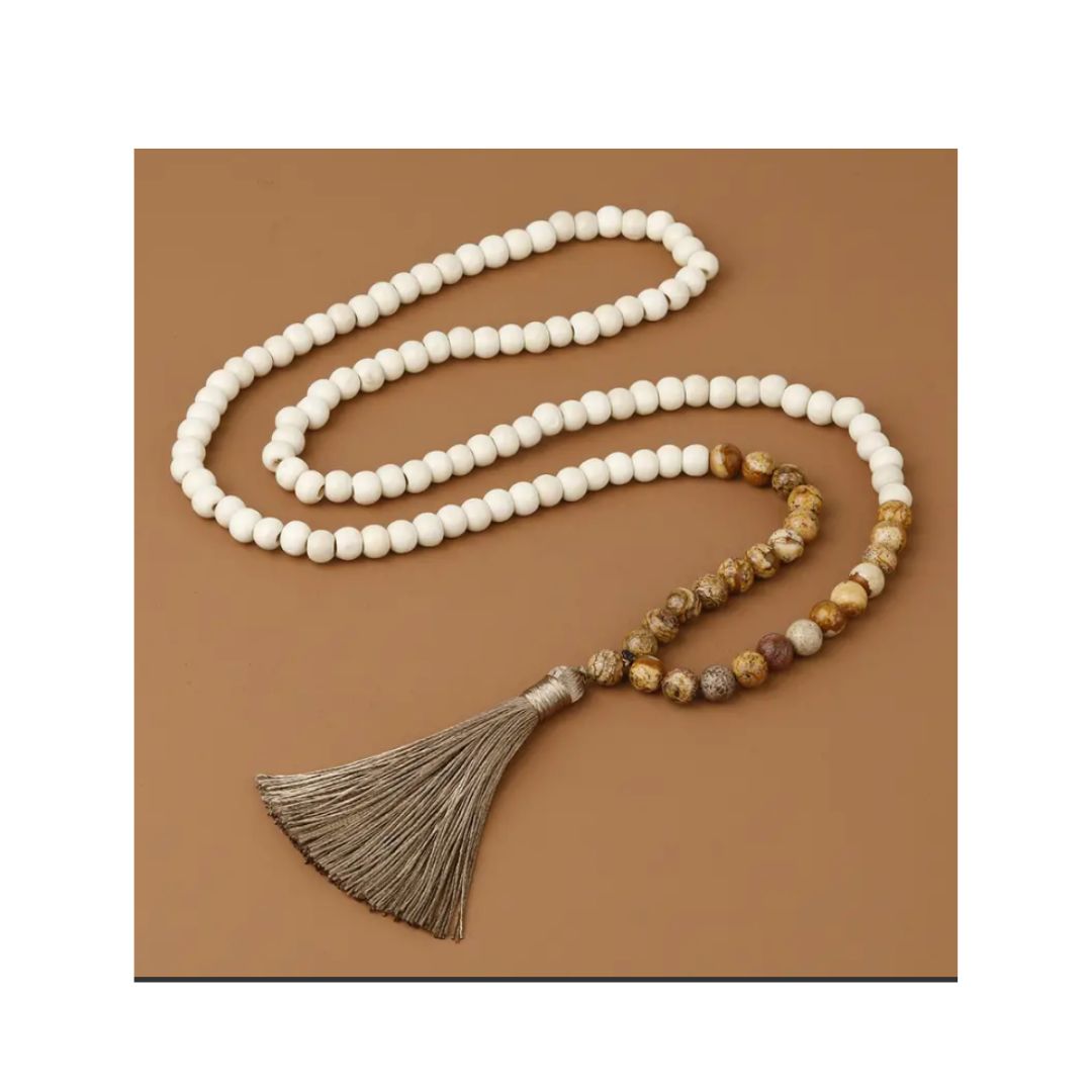 Wood and Howlite or Picture Jasper Mala