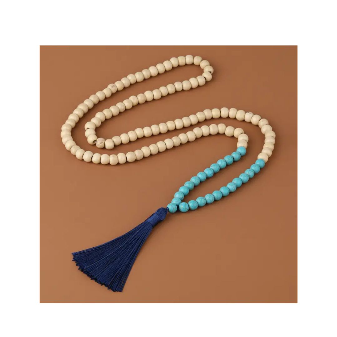 Wood and Howlite or Picture Jasper Mala