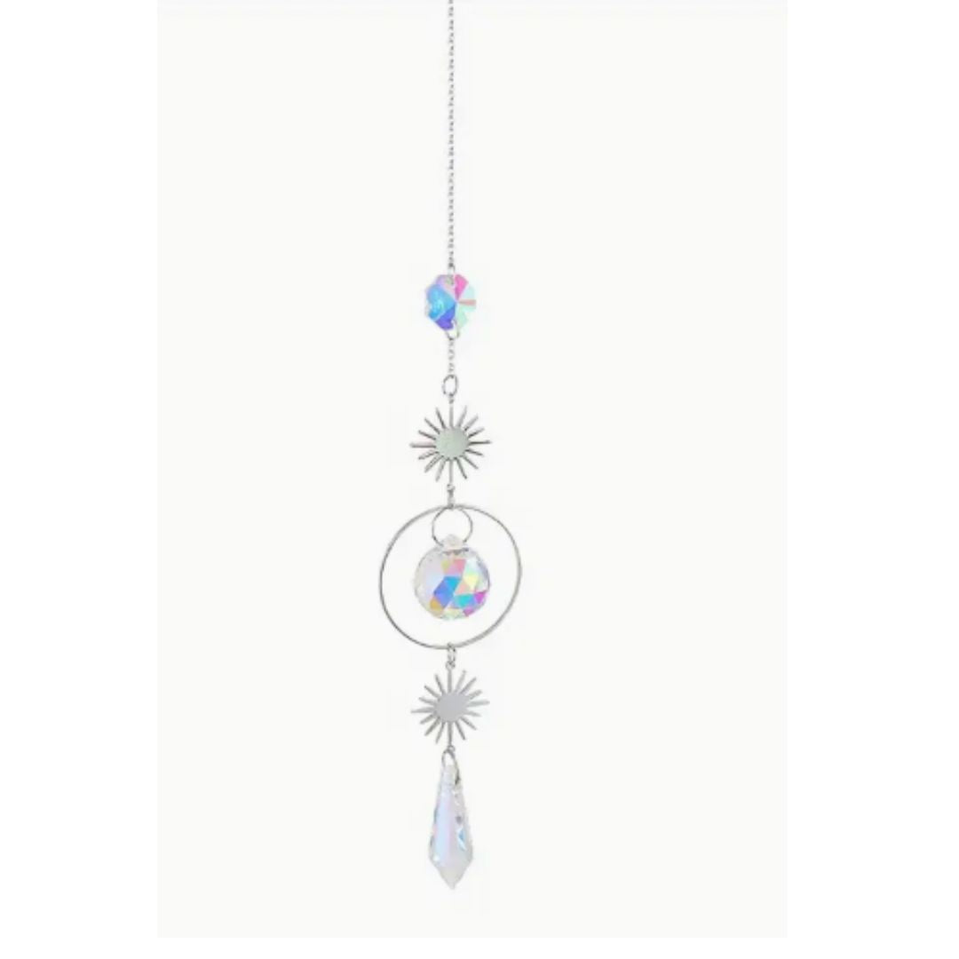 Suncatcher, Silvery 2 Suns, Hegazonal Prism at Top, Sphere in Circle and Hanging Prism