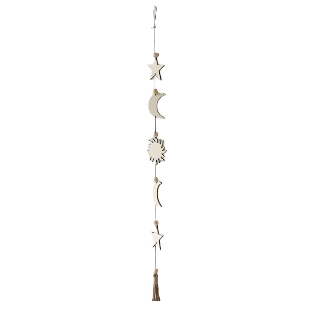 Rustic Wooden Moon Star Sun Tassel Wall Hanging