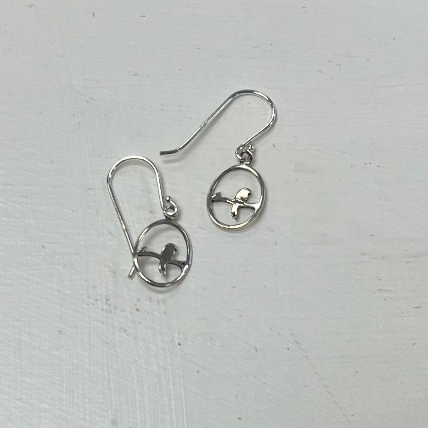 Silver Drop Earrings with Bird on a Branch