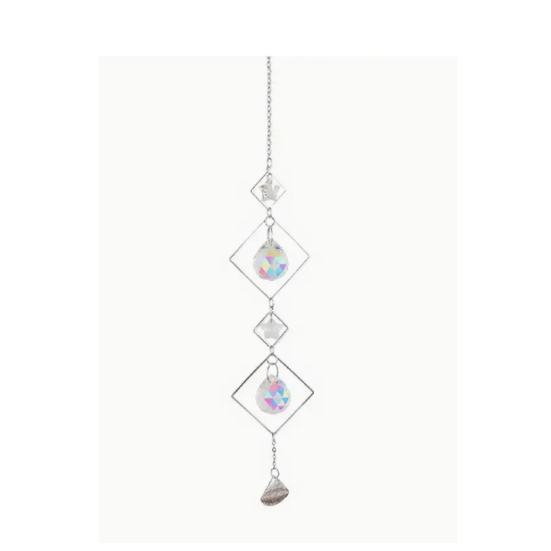 Suncatcher Silver Coloured Four Diamond Cutouts with Four Prisms