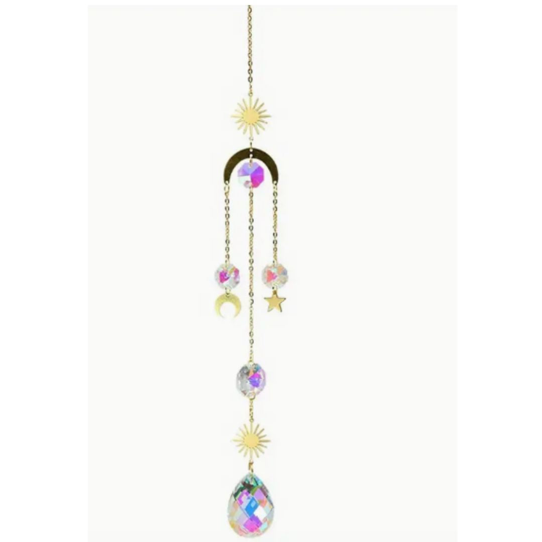 Suncatcher, Metal Crescent Moon and Stars, Large Teardrop Prism