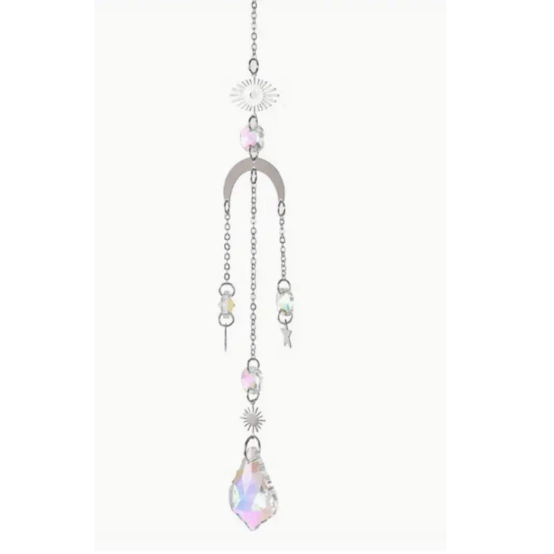 Suncatcher, Silver Metal Mystic Eye, Moon with Dangling Prisms