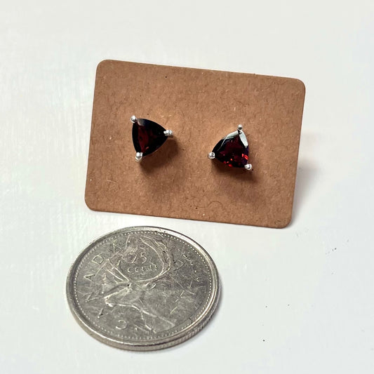 Faceted Triangular Garnet Studs Set in Silver