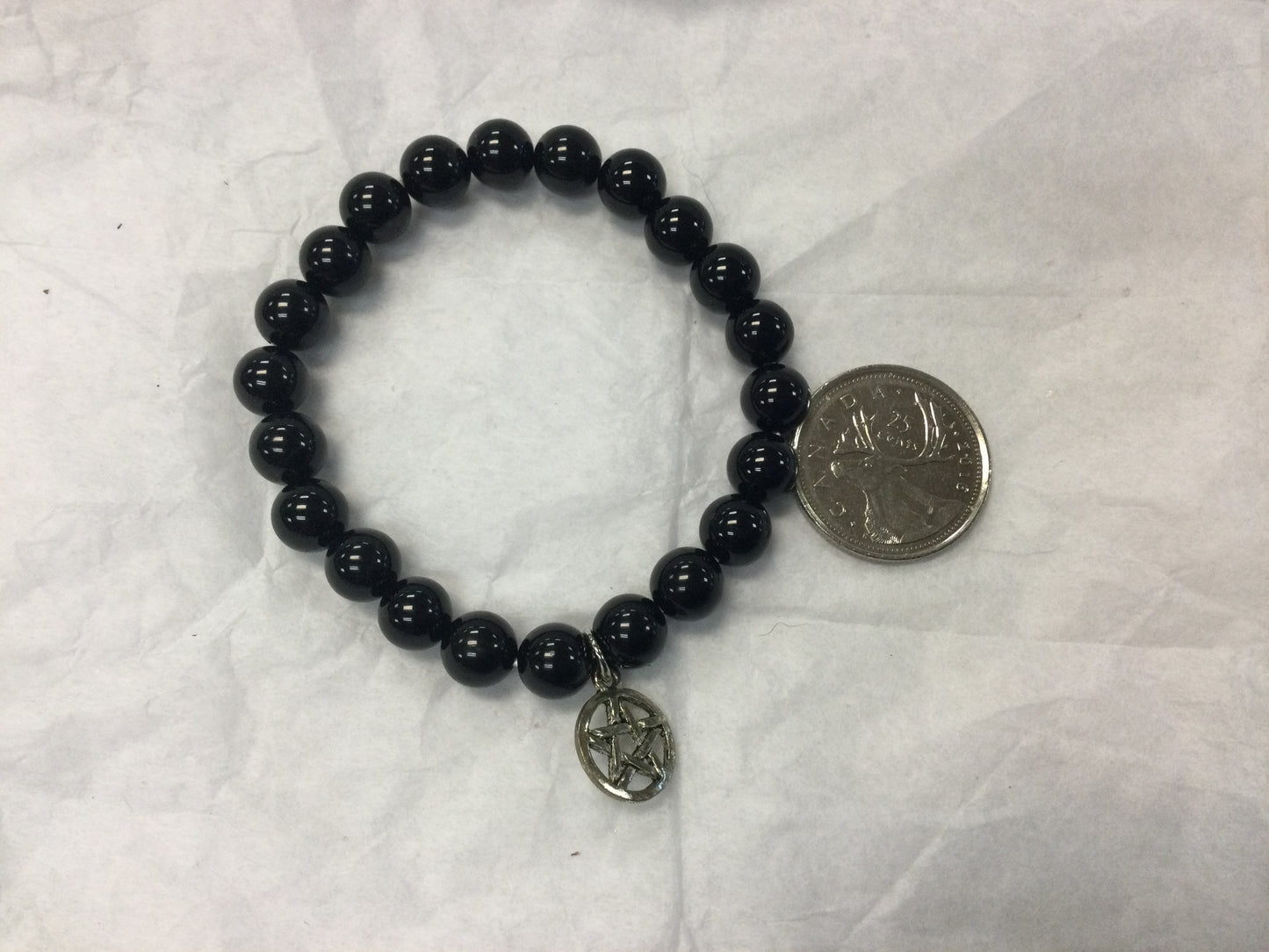 Black Agate 8 mm bead bracelet W Pentacle Charm