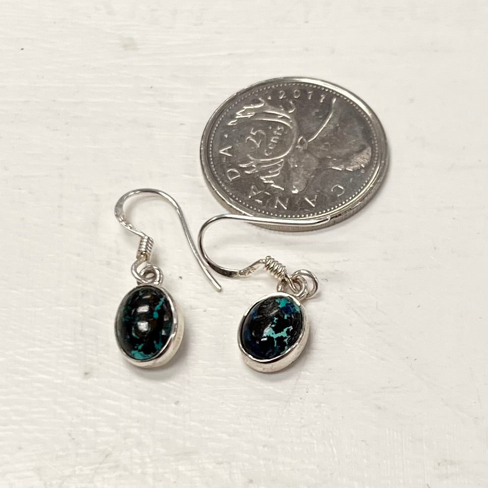 Oval Chrysocolla Dangle Earrings 10mm Set In Silver