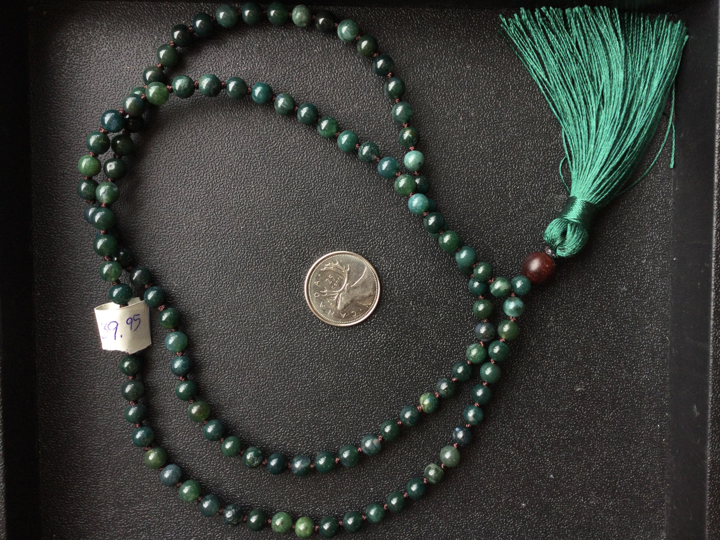 Green, Moss Agate Mala with Green Tassle and Wooden Bead