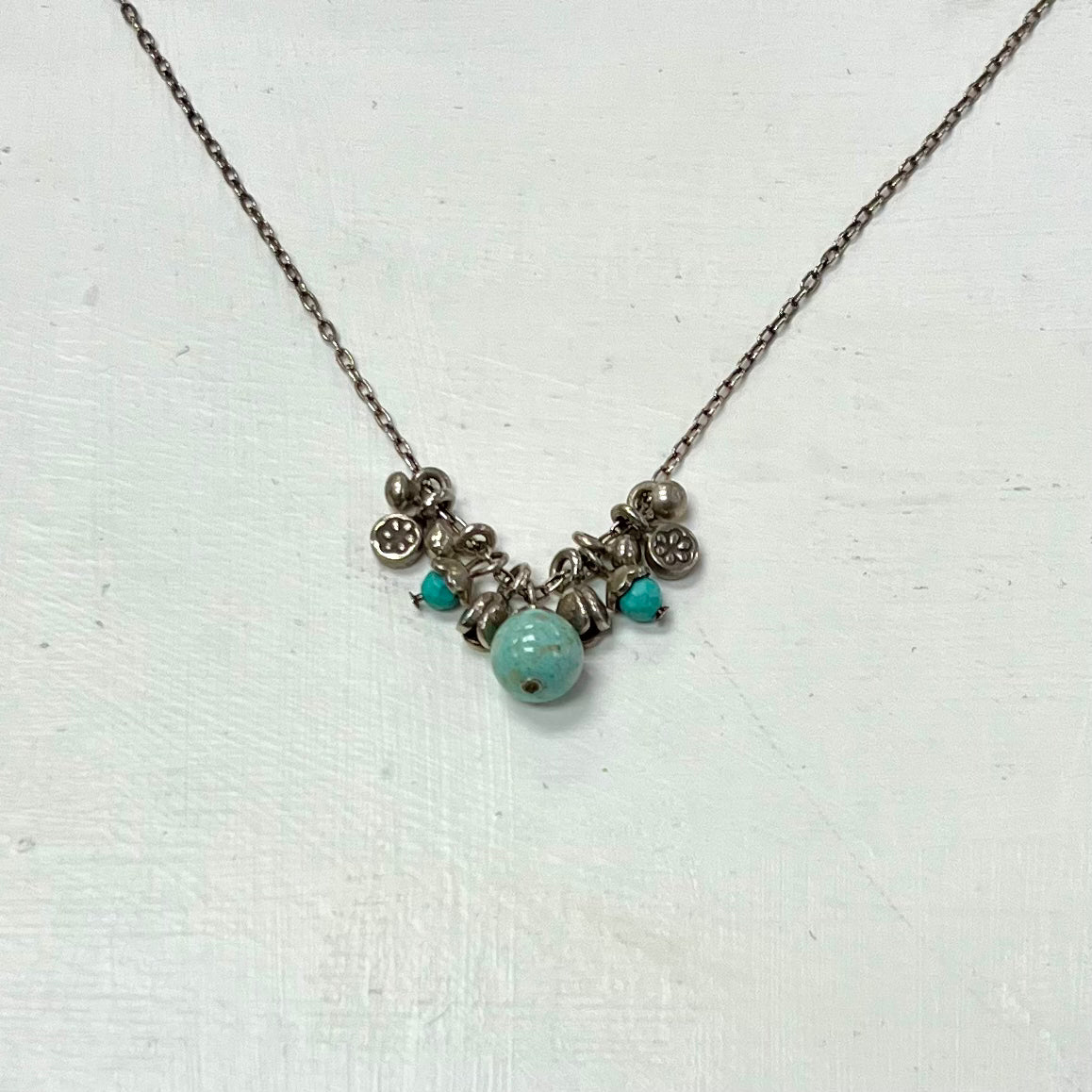 Silver Necklace with Ornate Silver and Stone Charms 30"