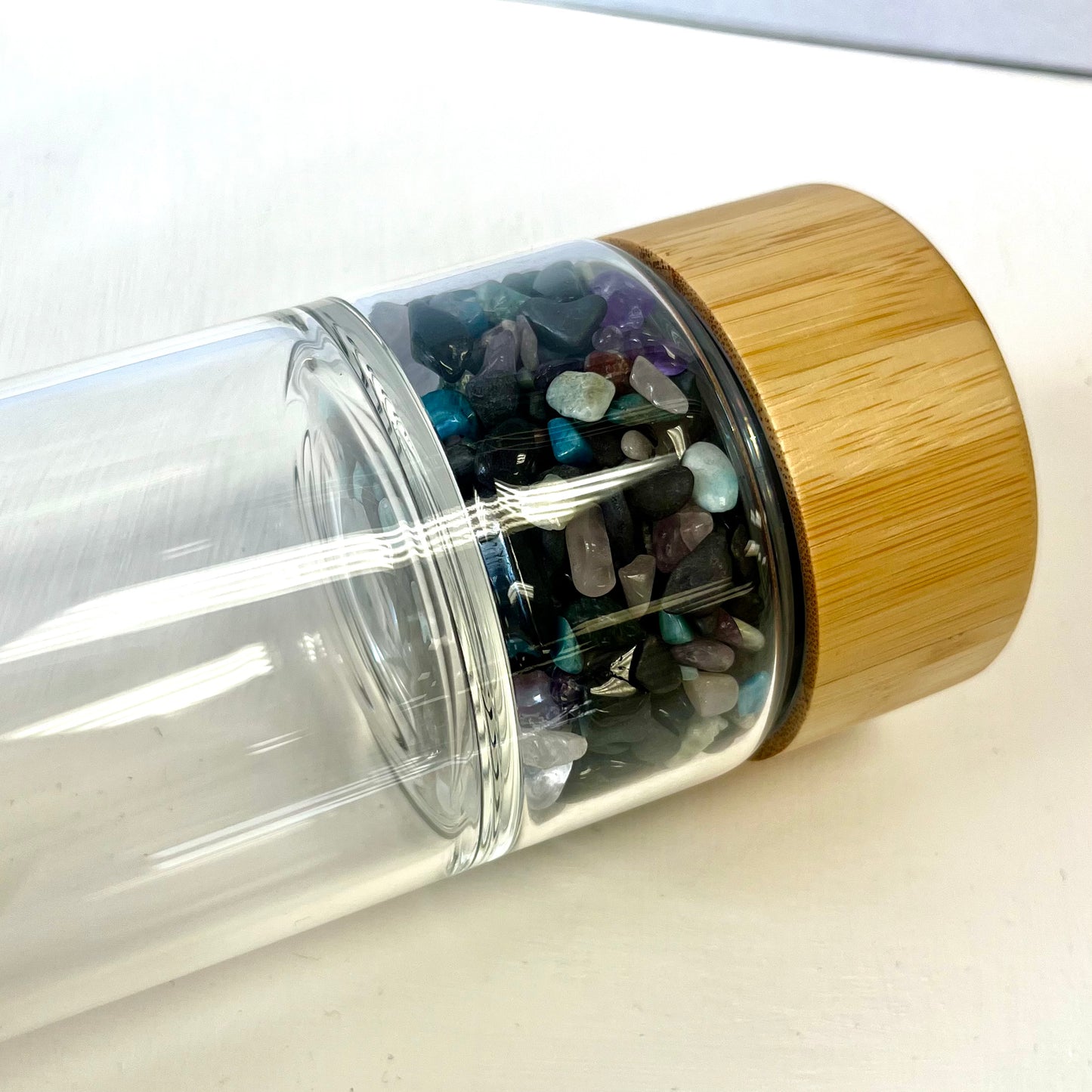 Bamboo Lid Glass Bottle w/ Crystal Chipstones - For Anxiety & Calmness