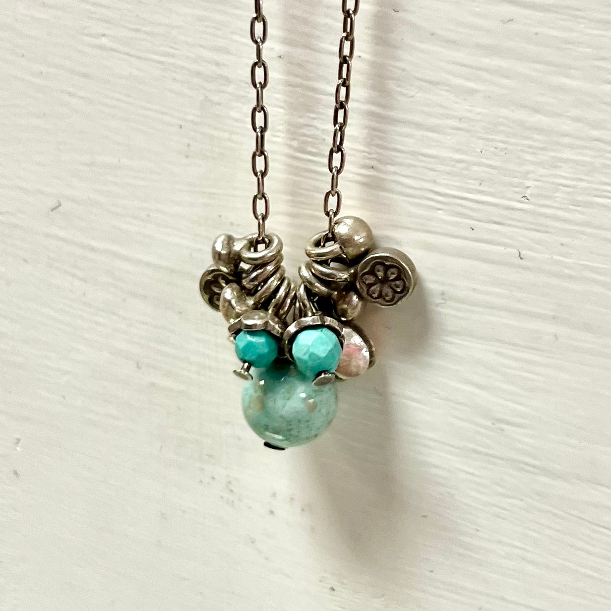 Silver Necklace with Ornate Silver and Stone Charms 30"