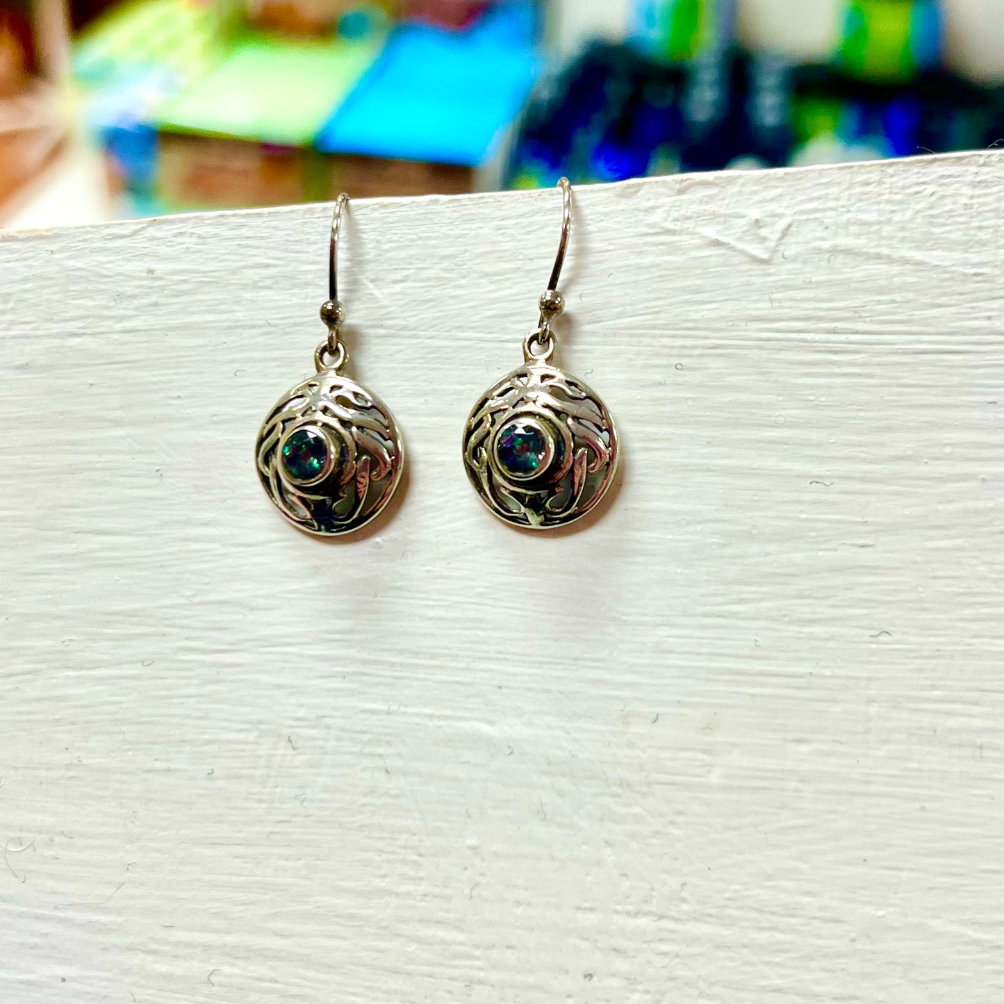 Mystic Topaz Dangling Earring (Round Silver Intricate Framing)