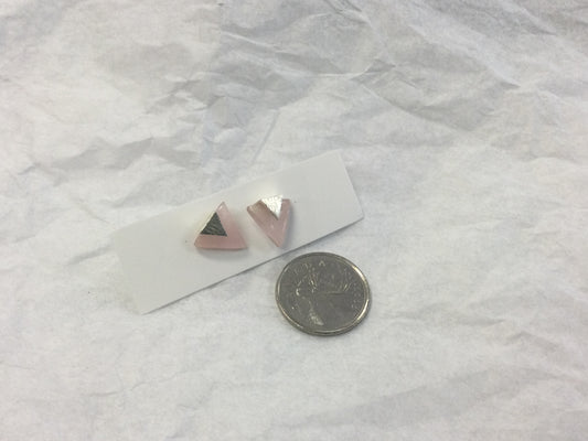 Triangular Rose Quartz Earrings, Studs with Silver Overlay