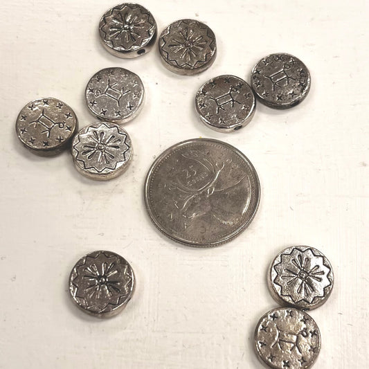 Antique Silver (plated) Folk Art 2-Sided Coin 13mm Bead