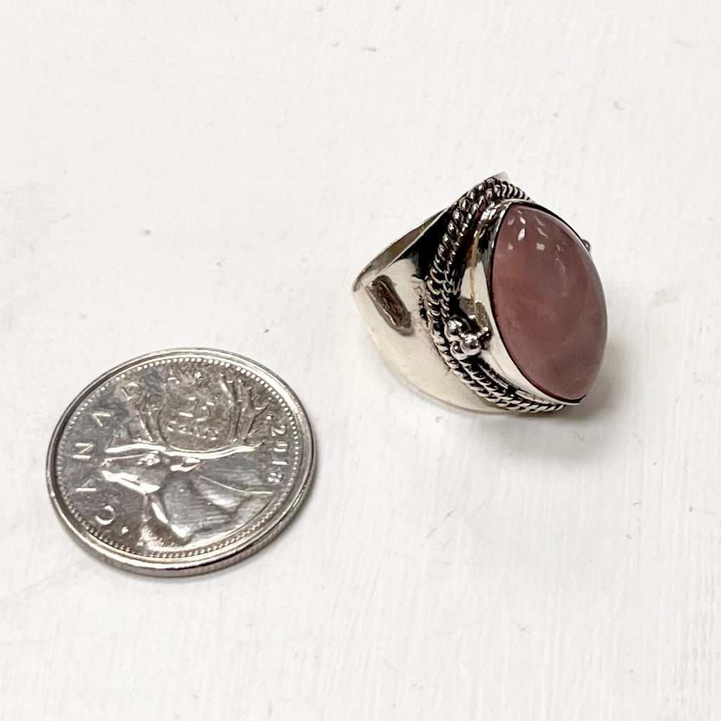Silver Navette Rose Quartz Ring Size 6