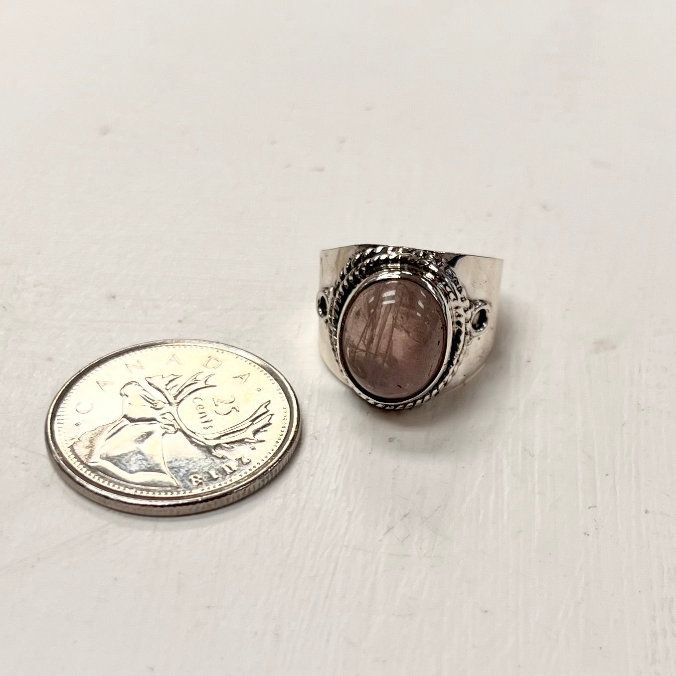 Silver Oval Masculine Style Rose Quartz Ring Size 6