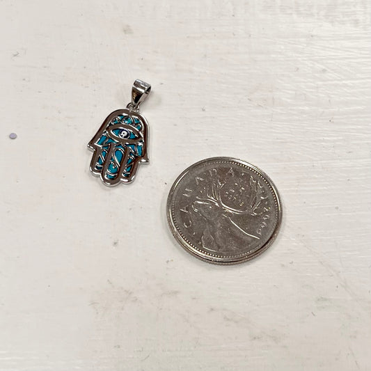 20mm Silver Fatima Hand Pendant w/ Blue Enamel