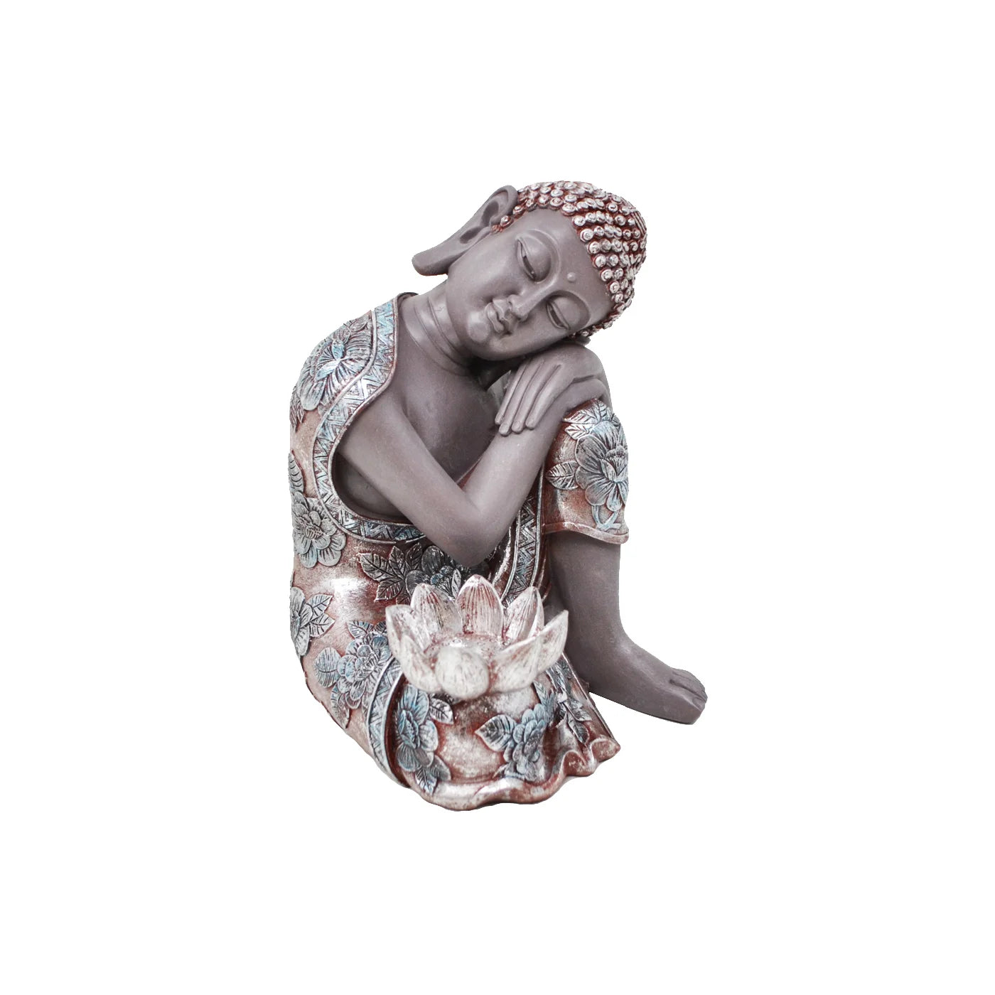 Resin Buddha Statue | At Rest with Flower Tea Light Holder