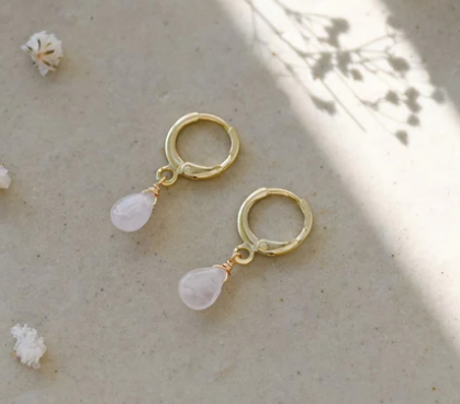 Gold Plated Hoop Earrings with Gemstone Dangle Teardrop