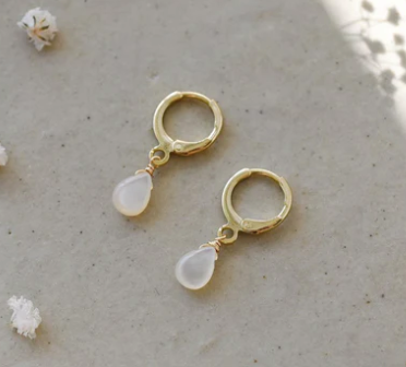 Gold Plated Hoop Earrings with Gemstone Dangle Teardrop