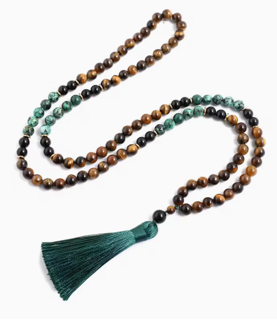 Tiger Eye/African Turquoise/Onyx Mala, 8mm