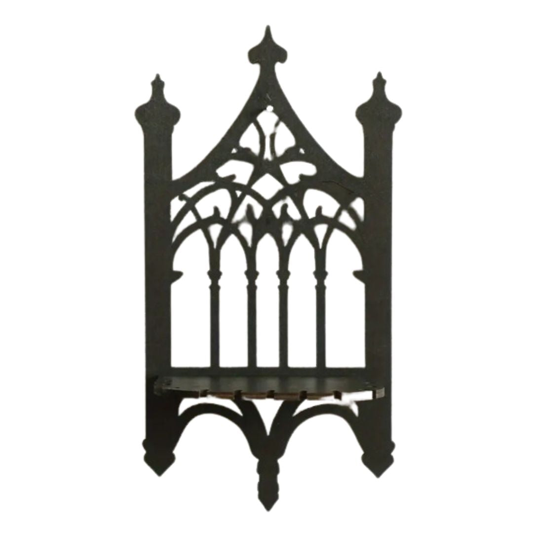 Wooden Crystal Display Shelf, Gothic Window Themed