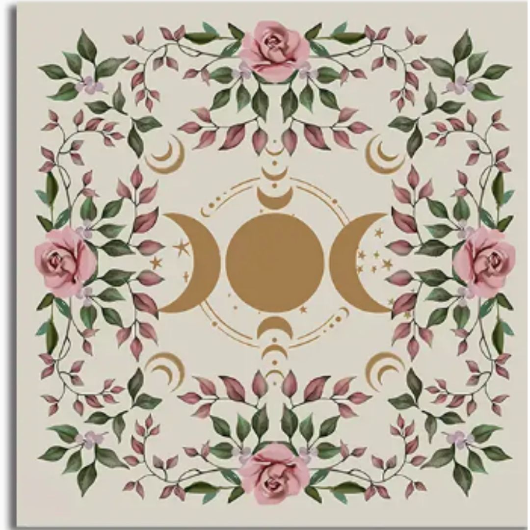 Altar Cloth, White Background, Roses, Moon Phases