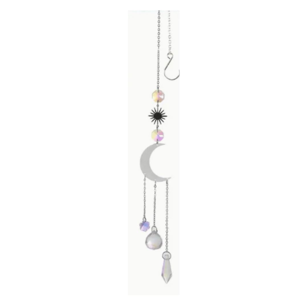Suncatcher, SIlvery, Crescent Moon With Three Hanging Crystals Underneath