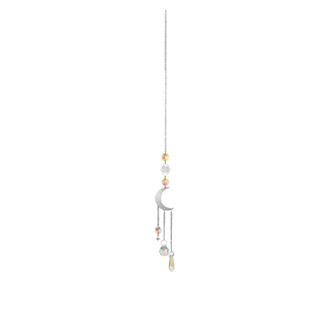Suncatcher, Silvery Large Crescent Moon With Dangling Prisms