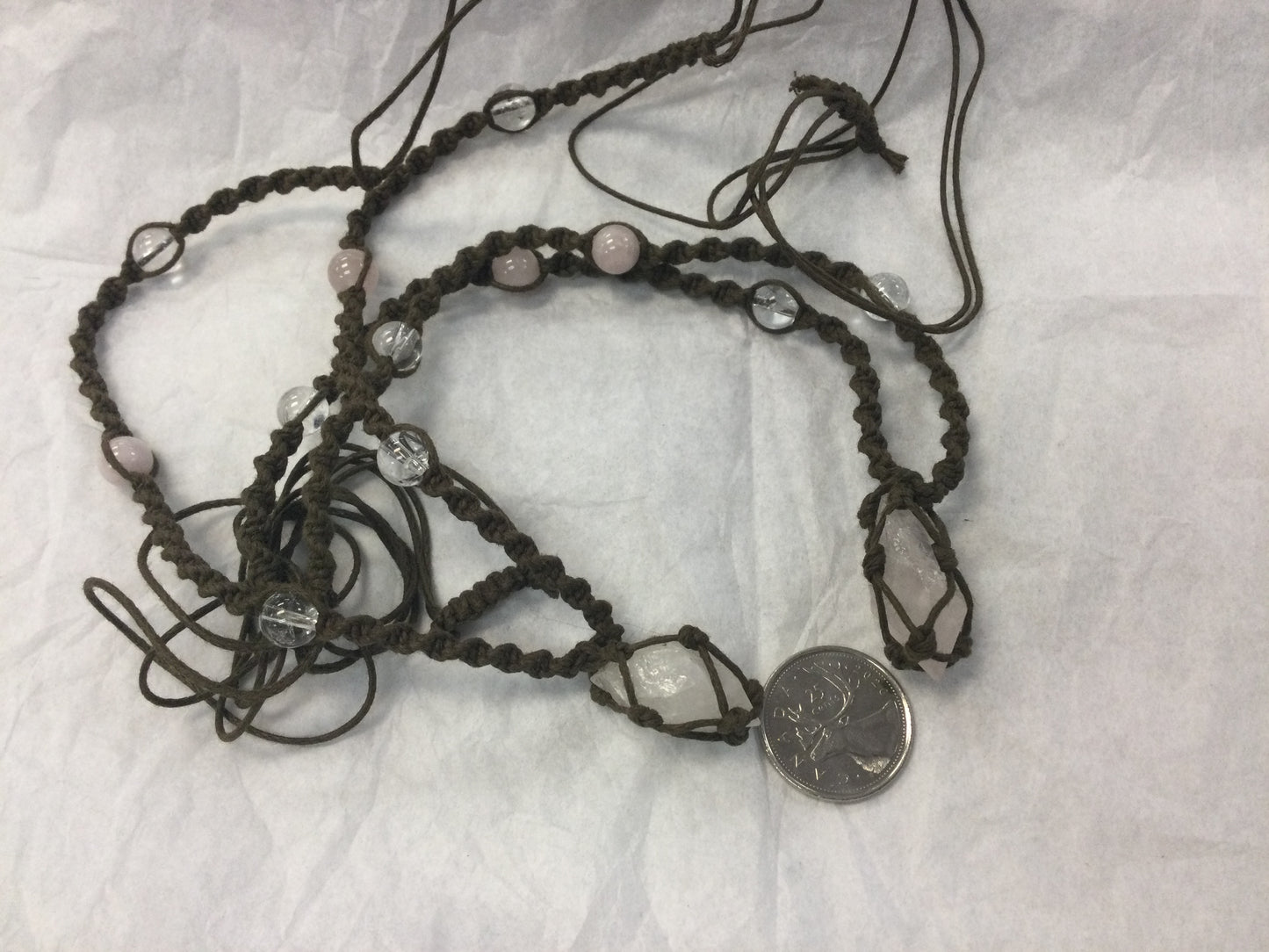 Brown Macrame Rose & Clear Quartz Neckla