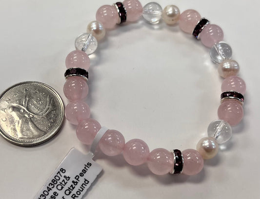 Rose Quartz w/ Clear Quartz, Rhinestones and Peals Bracelet 8mm