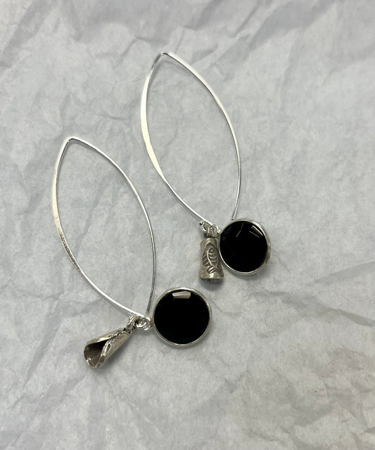 Handcrafted Dangle Silver Earring with Faceted Black Onyx and Silver Petal Fish Bead