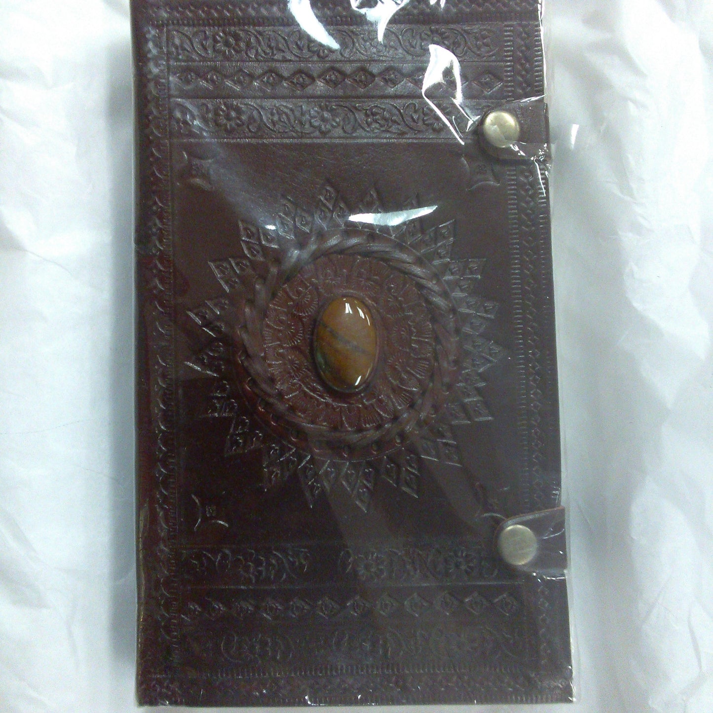 Brown Leather Journal / Notebook, Crystal Inlay, 2 Fasteners