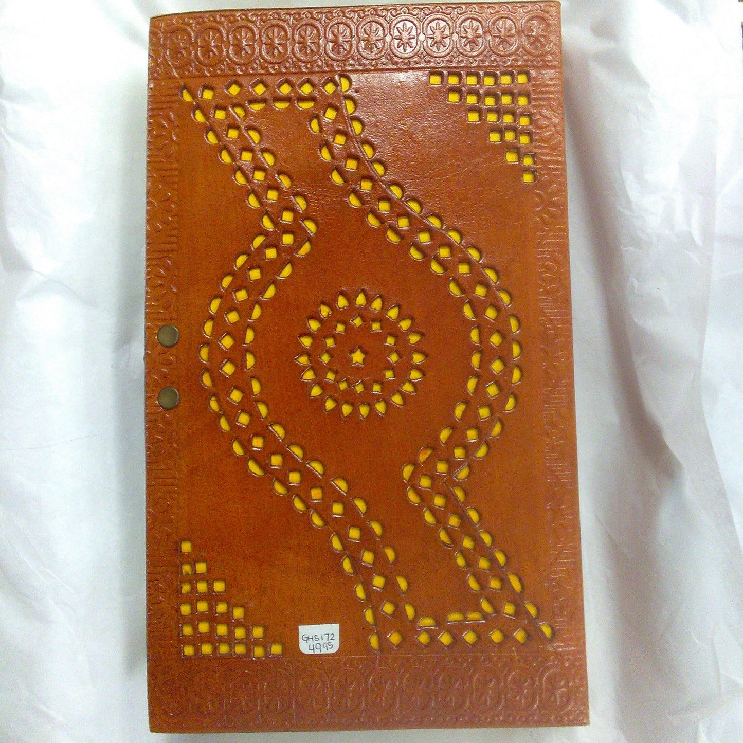 5x9 Light Brown Leather Journal / Notebook, Yellow Details, Latch Fastener