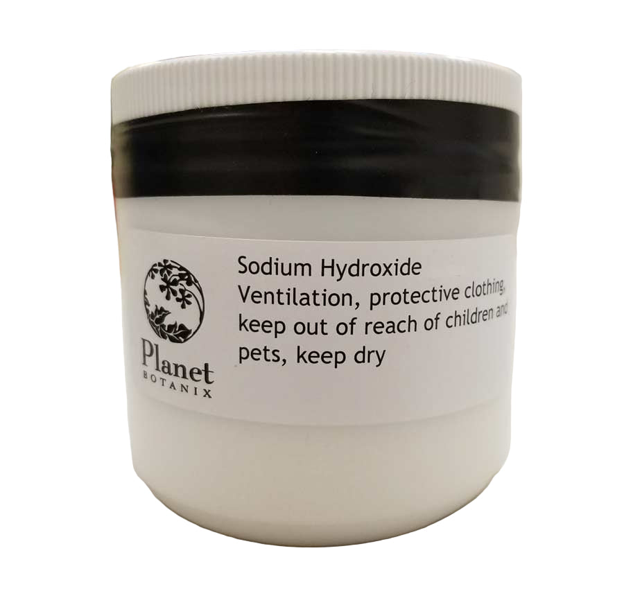 A plastic container labeled Sodium Hydroxide, also known as lye, with safety warnings to keep out of reach of children and pets, keep dry, and wear protective clothing.