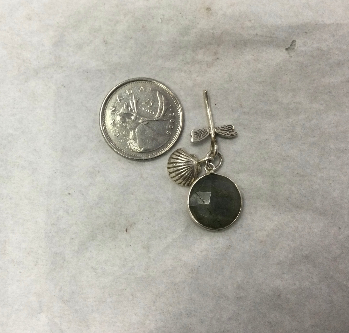 Labradorite silver pendant with dragonfly and shell